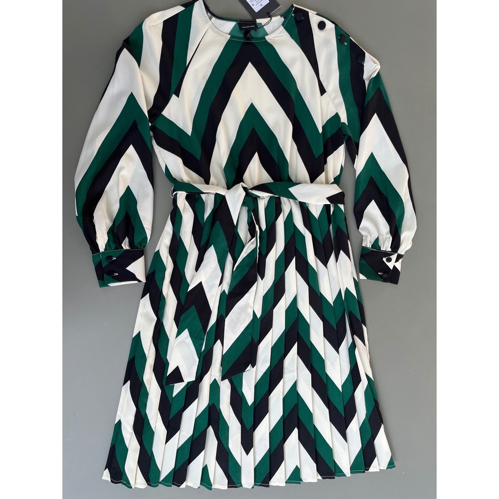 Chevron Green Black White Pleated Midi Dress Long Sleeve M